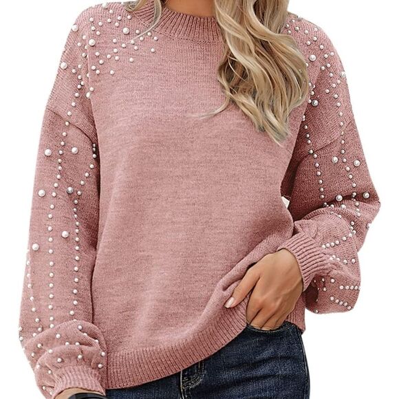 B soft mock turtleneck sweater, mauve pink, balloon sleeve w/ white pearls M - Picture 6 of 6